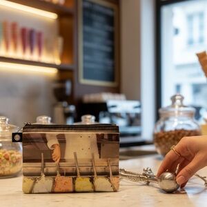 Bath & Bodyworks cosmetics bag with a gelato shop on the front
